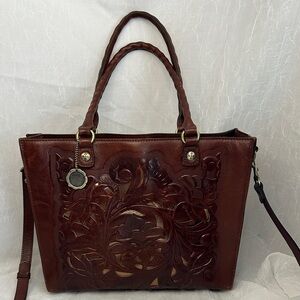 Patricia Nash Leather Cut Out Handbag Tote Tan Brown Metallic